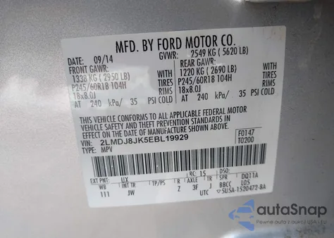 2014 Lincoln Mkx z USA, uszkodzony, nr VIN 2LMDJ8JK5EBL19929